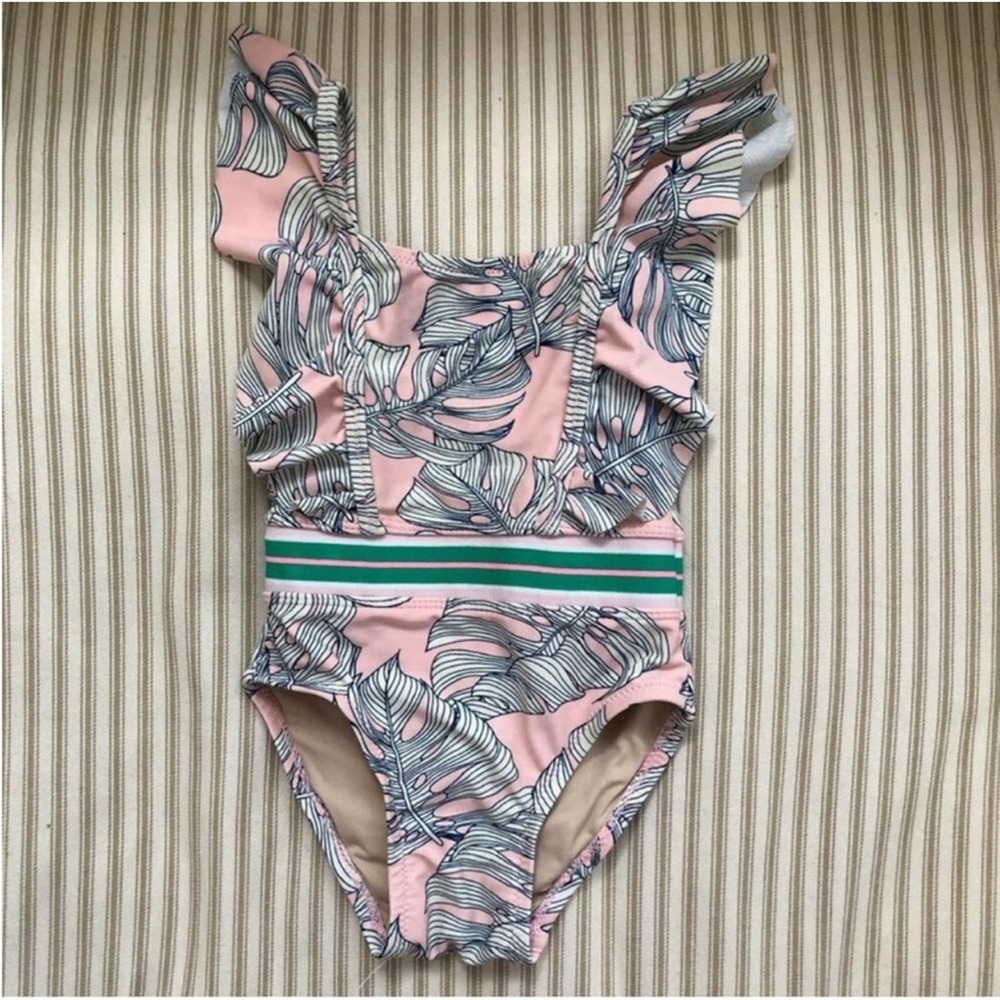 Girls Pink Leaf-Print One-Piece Swimsuit with Ruffle Straps